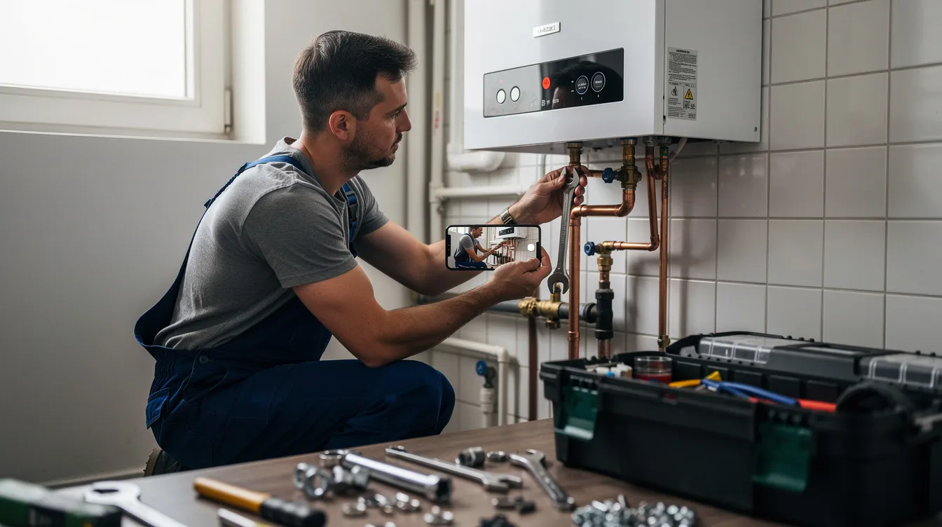The image shows a plumber filming a short video on a smartphone while working on a boiler, showcasing his plumbing services. This digital marketing strategy can help the plumbing company engage potential customers and enhance their online visibility in the competitive plumbing industry.