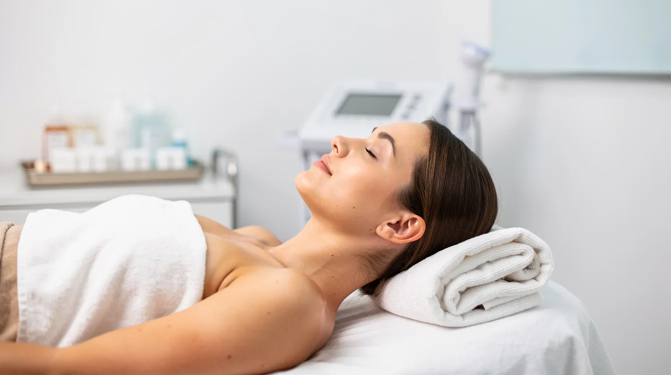 A woman is lying on a spa bed, appearing relaxed with a calm expression, surrounded by soft lighting in a clinical setting. This image suggests a focus on facial rejuvenation treatments, such as radiesse injections, which are known for improving skin quality and restoring volume to areas with severe facial wrinkles.