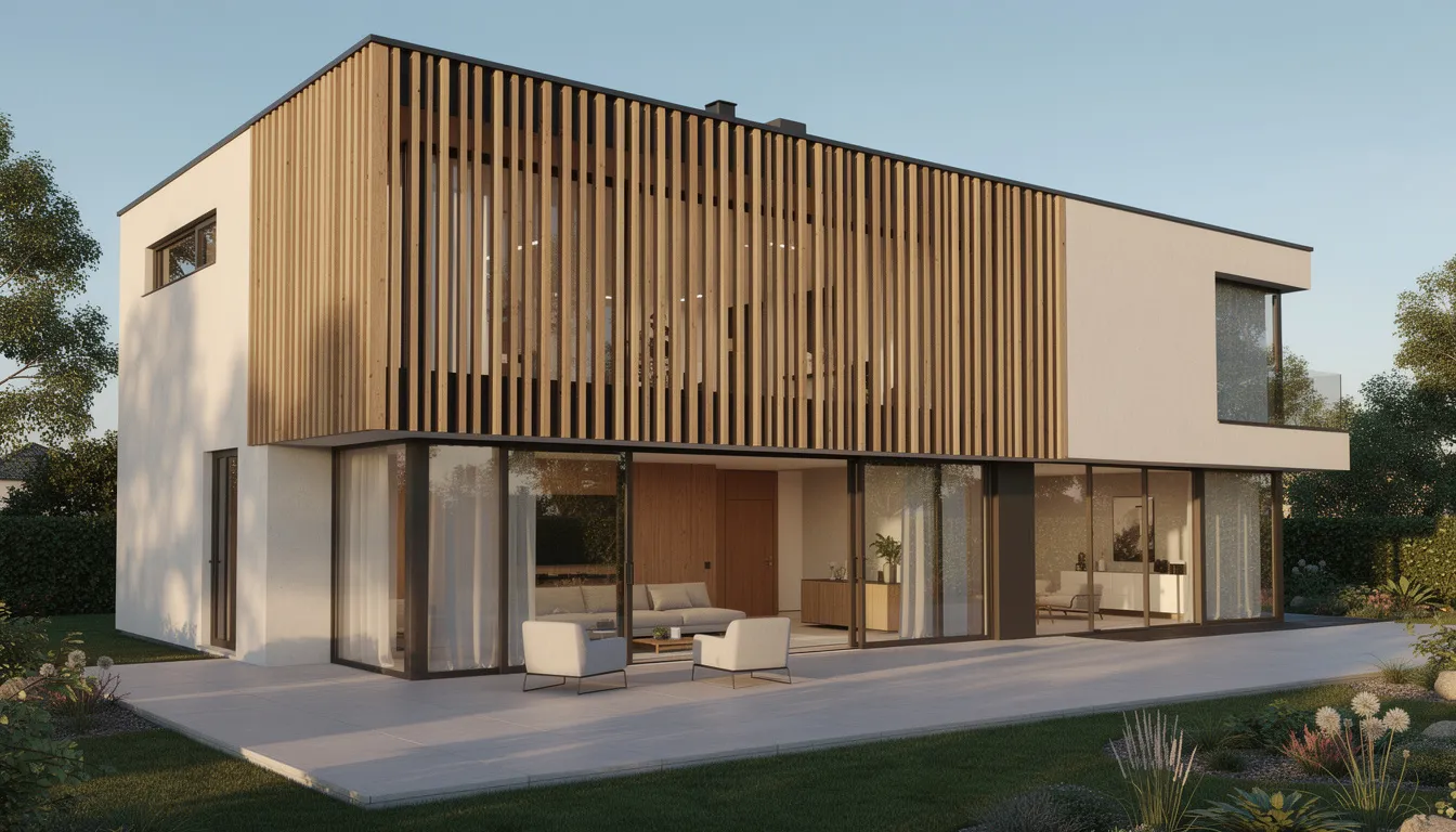 Een moderne woning met een open verticale houten lattenstructuur en grote glazen puien, waarbij de houten gevelbekleding zorgt voor een strakke uitstraling en natuurlijke schoonheid. De gevel is vervaardigd uit thermisch gemodificeerd hout, wat bijdraagt aan de duurzaamheid en lange levensduur van het gebouw.