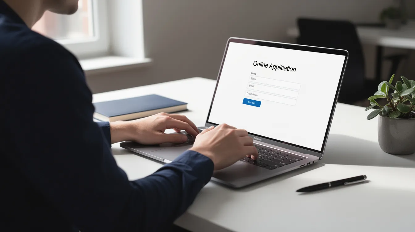 A person sits at a clean desk, focused on their laptop as they fill out an online application for a business loan. The scene conveys a sense of professionalism and determination, highlighting the importance of securing financing options to manage business finances effectively.