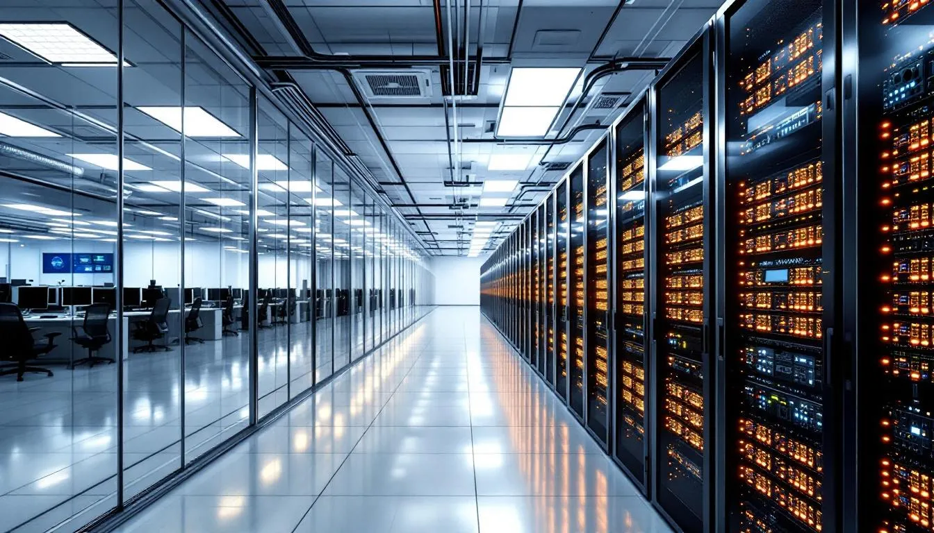 A modern data center filled with rows of servers and networking equipment, showcasing the infrastructure necessary for data management and integration. This environment supports various data sources and enables complex transformations, essential for businesses leveraging big data and analytics.