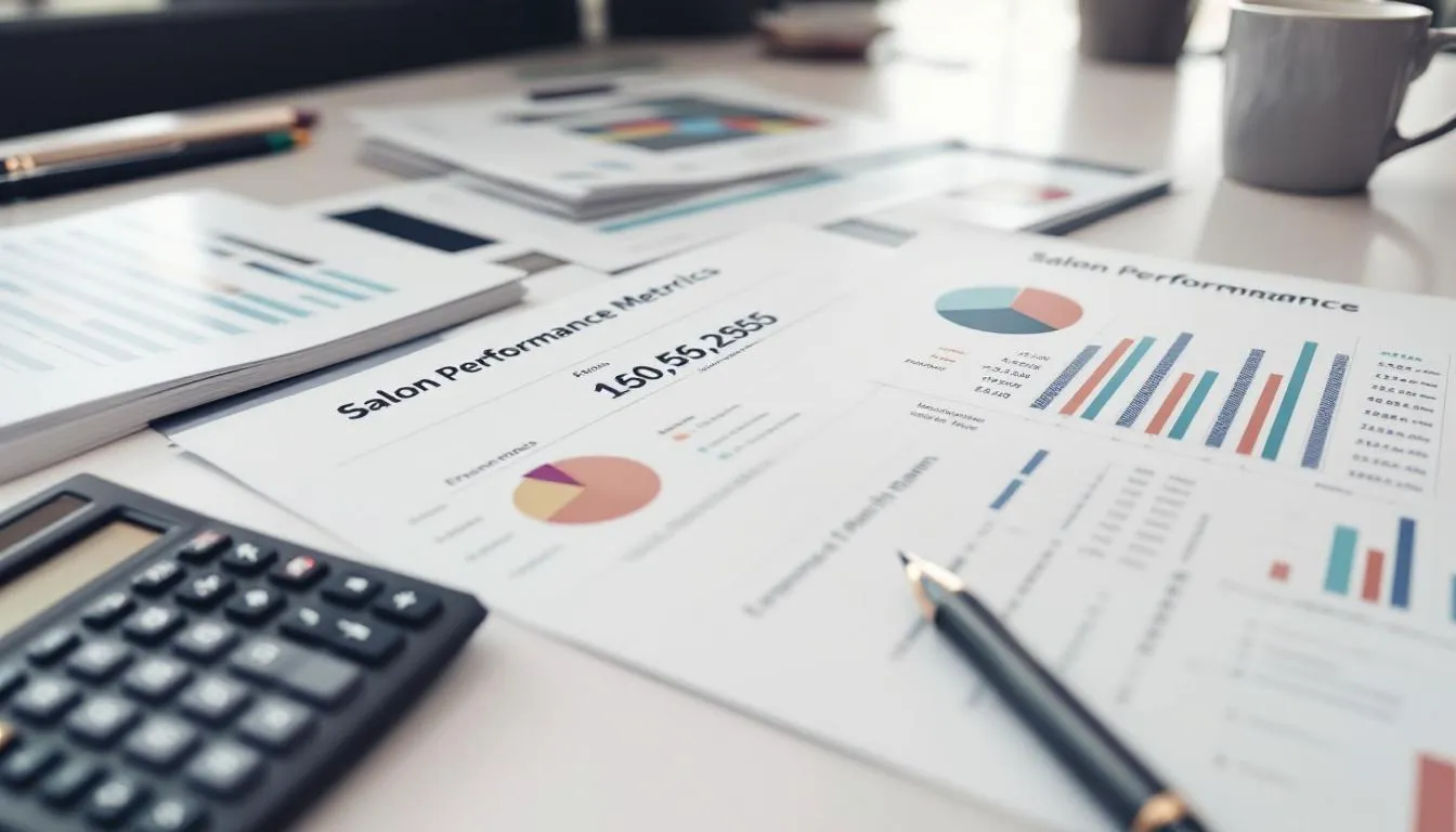 La imagen muestra una calculadora junto a documentos financieros que detallan métricas de rendimiento del salón, incluyendo información sobre mano de obra, ventas de productos y tasa de retención de clientes. Estos datos son esenciales para entender cómo calcular el rendimiento real de tu salón y mejorar la rentabilidad del negocio.