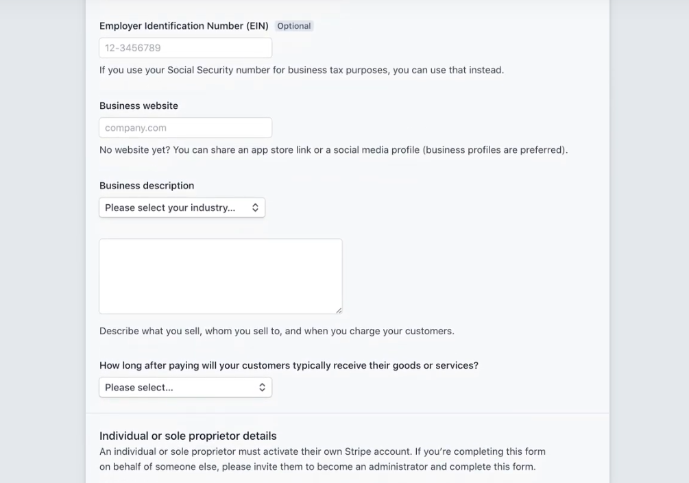 A screenshot of the questions Stripe will ask business owners when they sign up.