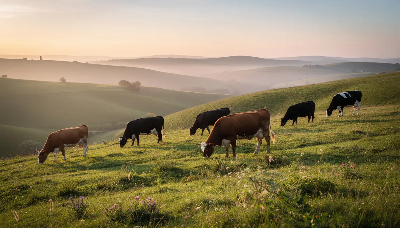 A tranquil pastoral scene showcases cattle grazing on a lush green hillside during the golden hour, with warm sunlight illuminating their glossy coats. This idyllic setting reflects the natural beauty of grass-fed cattle, often associated with the nourishing properties of beef tallow, which is celebrated in skincare for its moisturizing benefits and essential fatty acids.