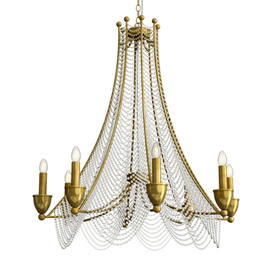 A vintage chandelier design featuring a gold metal frame adorned with cascading crystal bead chains and candle-style bulbs, exuding timeless elegance and classic sophistication.