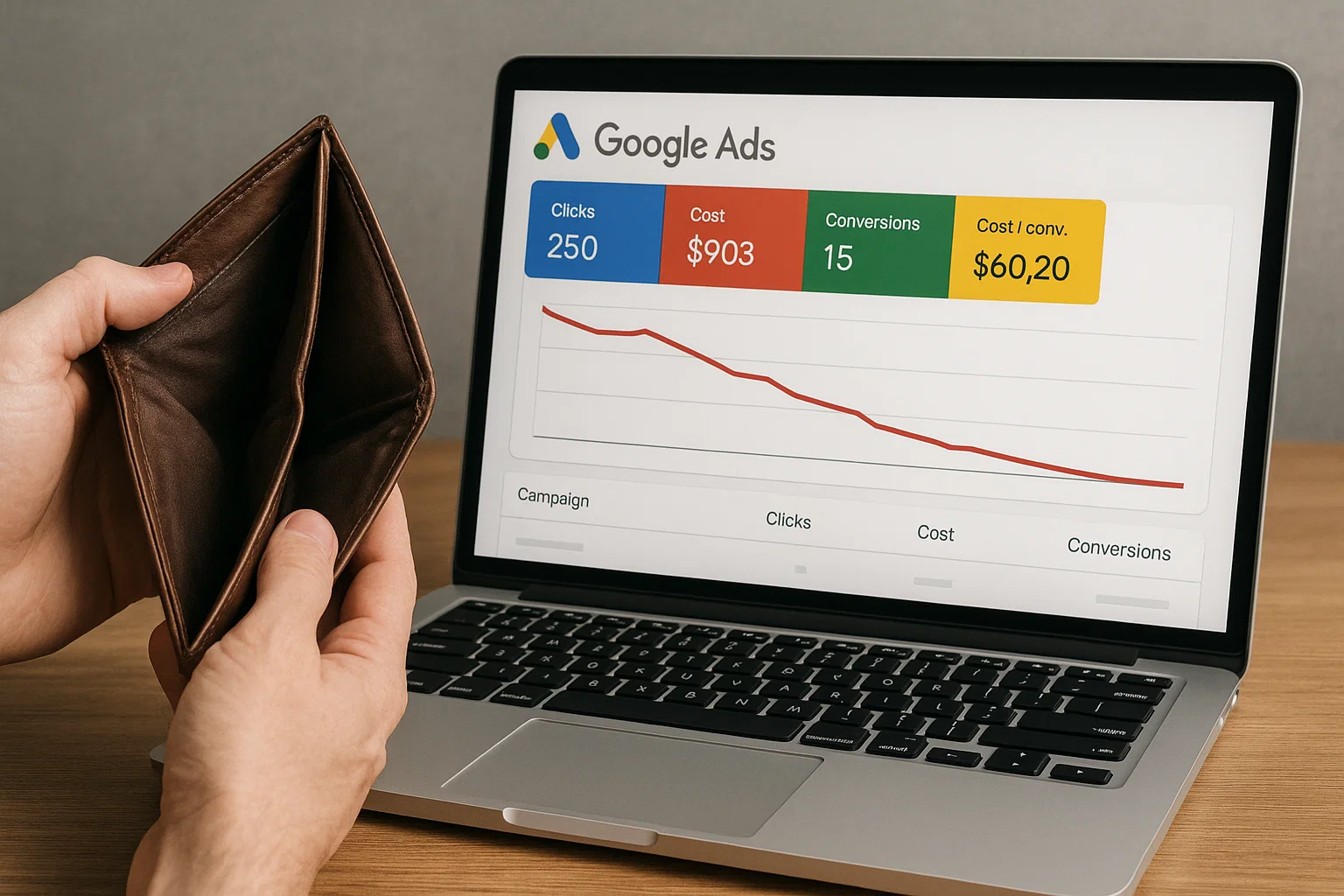 A picture of a Google ads campaign showing declining results and an empty wallet