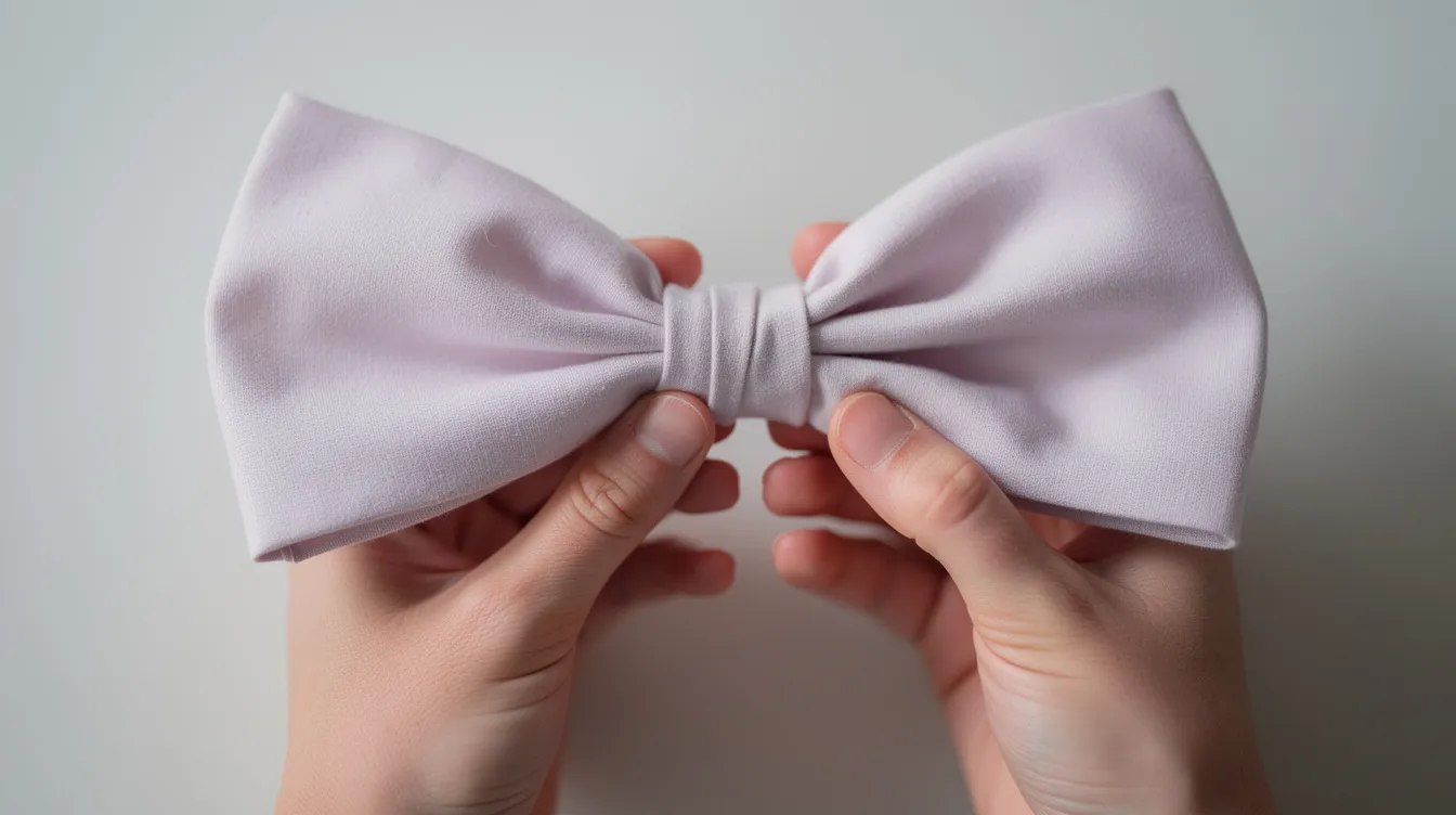 A close-up image shows hands skillfully pinching the center of folded fabric pleats, creating a butterfly bow shape, a technique often used in tying hanhaba obi or other types of obi for casual kimono and yukata styles. The focus on the hands highlights the precision and care involved in forming this cute and decorative knot.