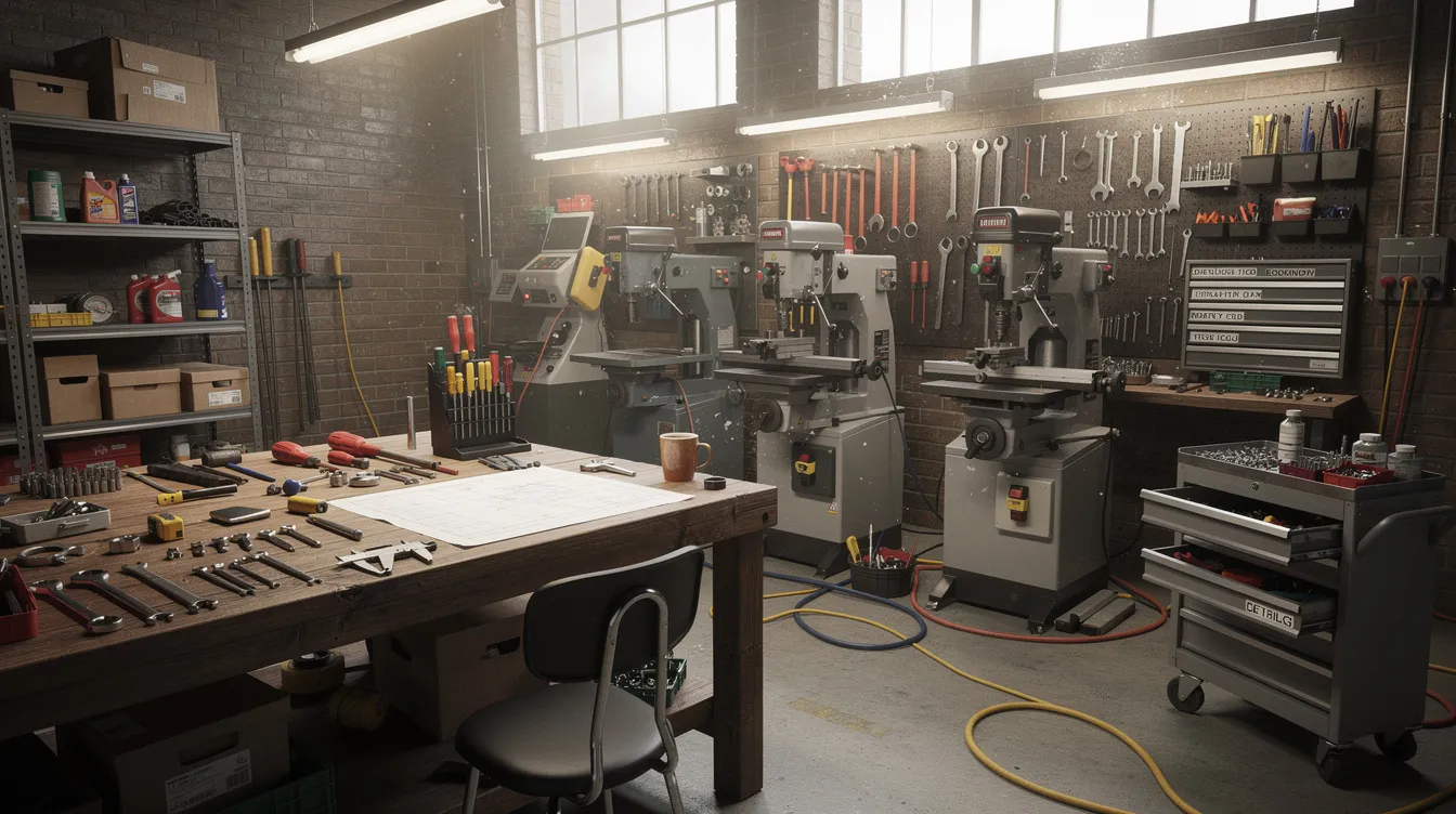 The image shows a small business workshop filled with various machinery and tools, set in an industrial environment. This space is ideal for beneficiary micro unit entrepreneurs seeking financial assistance through schemes like the Mudra loan, aimed at supporting income-generating micro enterprises.