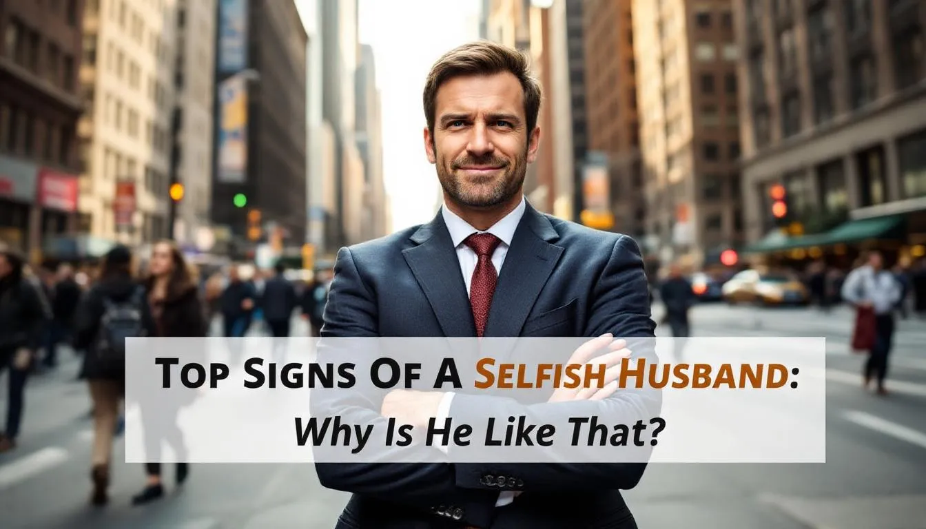 A man with a self-centered expression stands against the backdrop of New York City, embodying the signs of a selfish husband. His demeanor suggests a lack of emotional support and understanding, often leaving his spouse feeling invisible in their relationship.
