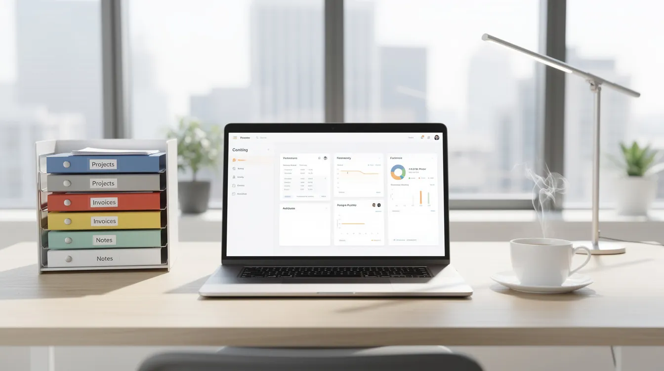The image shows a well-organized modern desk in a bright office, featuring a laptop, neatly arranged folders, and a coffee cup, creating an ideal workspace for a commercial contracts lawyer or business contract attorney to manage complex business transactions and legal compliance. The clean setup suggests a focus on drafting contracts and providing practical advice for clients' legal needs.