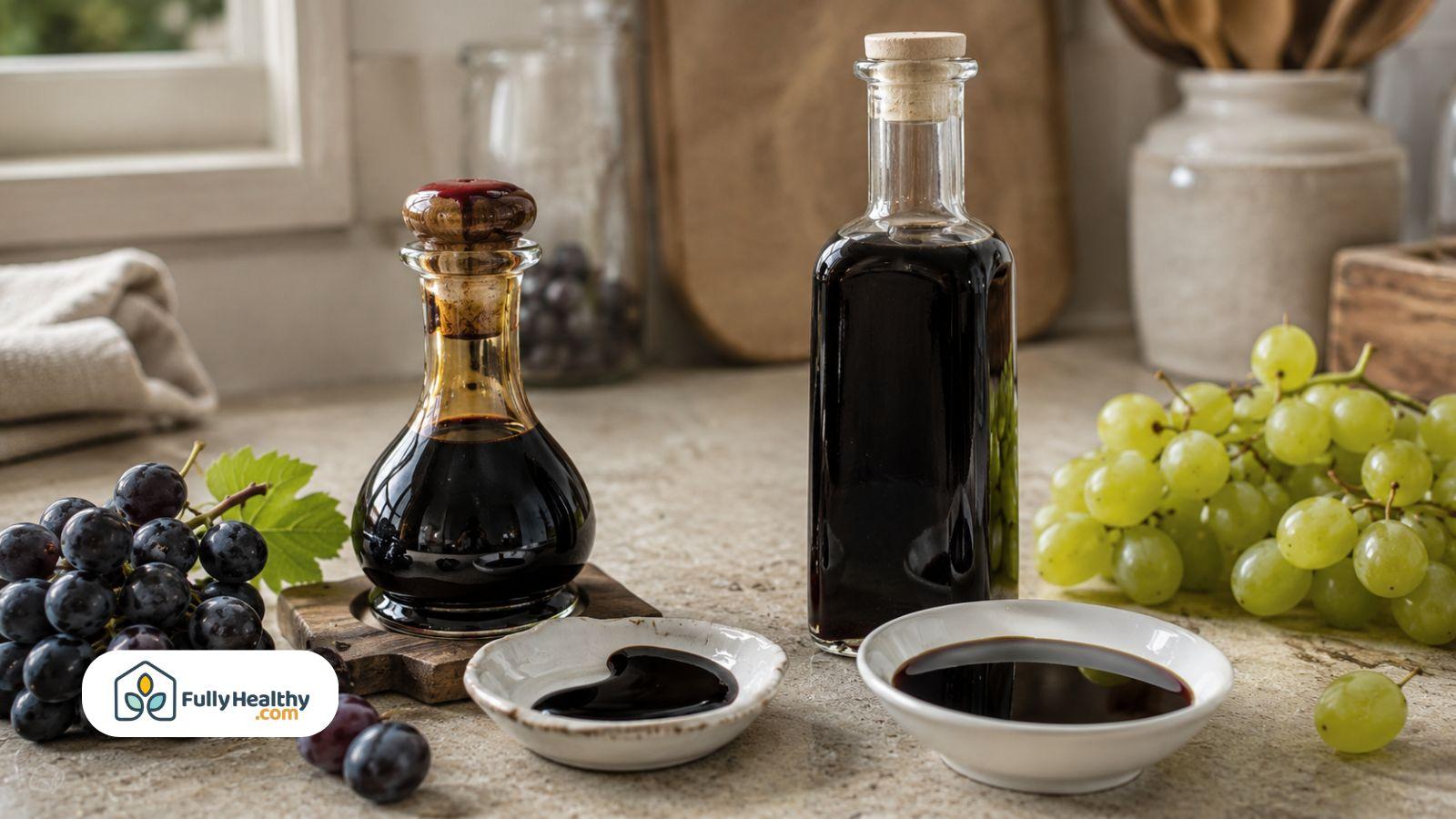 Balsamic vinegar bottles with green and purple grapes on kitchen counter