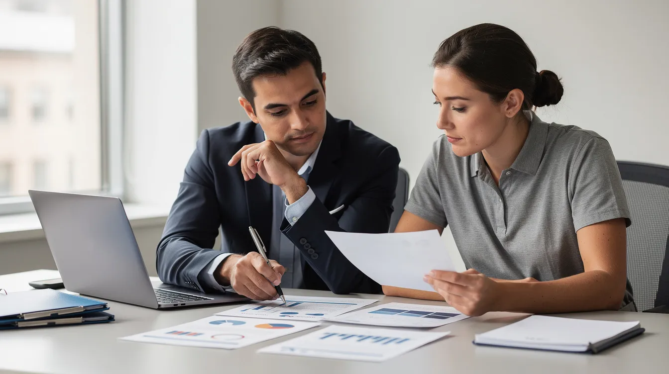 In a professional consultation setting, two individuals are seated at a table, closely reviewing documents together, likely discussing options for a small business loan or unsecured business loans to support their business growth. The atmosphere suggests a focus on financial planning and the loan application process, emphasizing the importance of credit history and personal credit scores in securing favorable financing options.