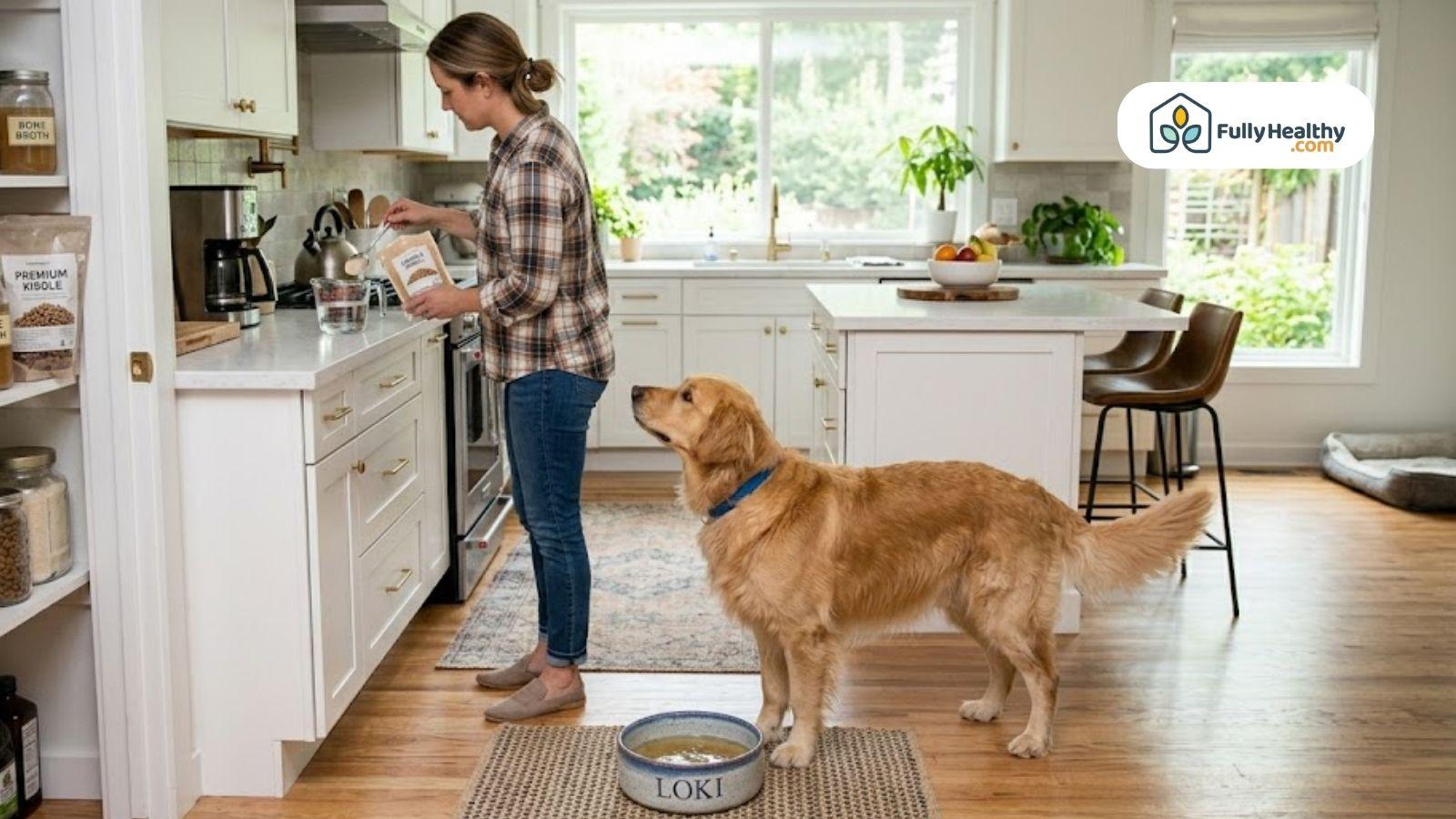 Person preparing powdered broth in a bright kitchen while a dog waits nearby.