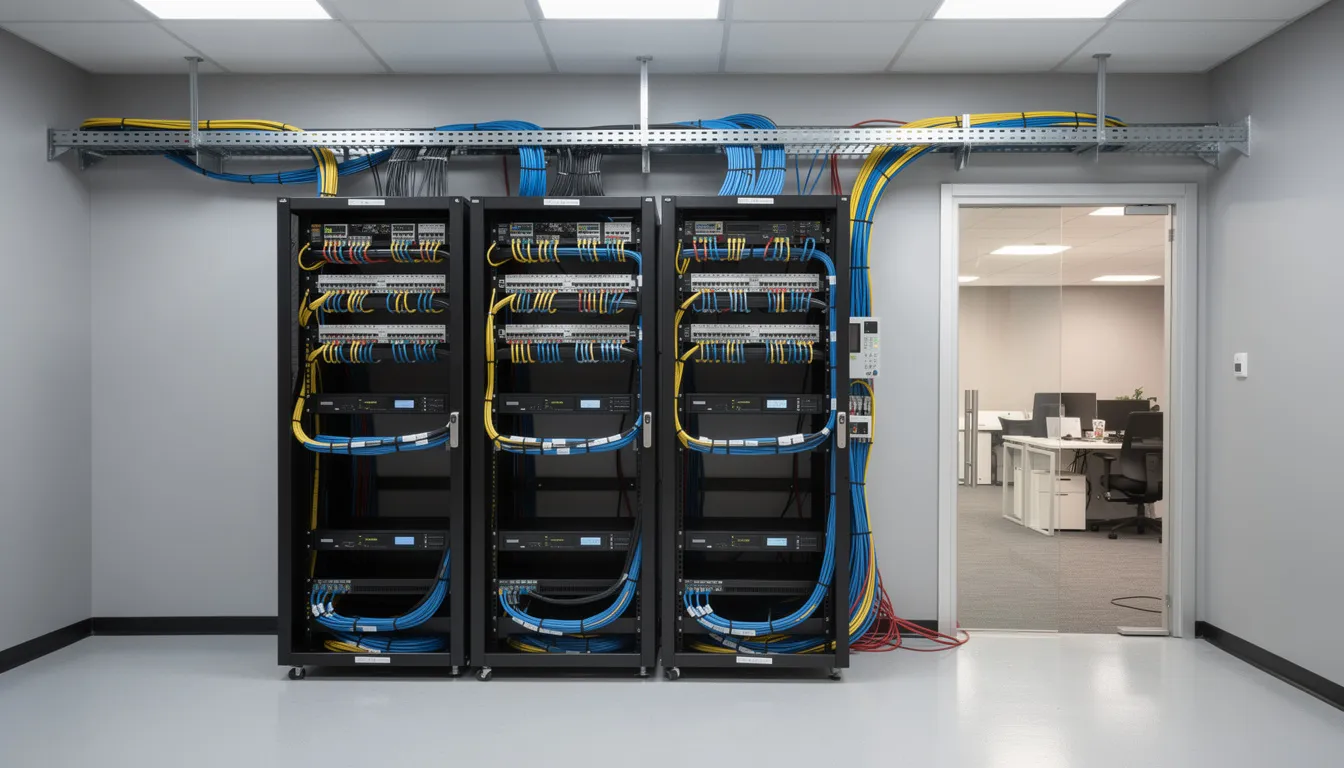 The image depicts a well-organized server room featuring neatly arranged racks and a patch panel, showcasing structured cabling solutions for efficient data cabling. This setup highlights the importance of reliable electrical services in a commercial office environment, ensuring high-quality connectivity and support for various business needs.
