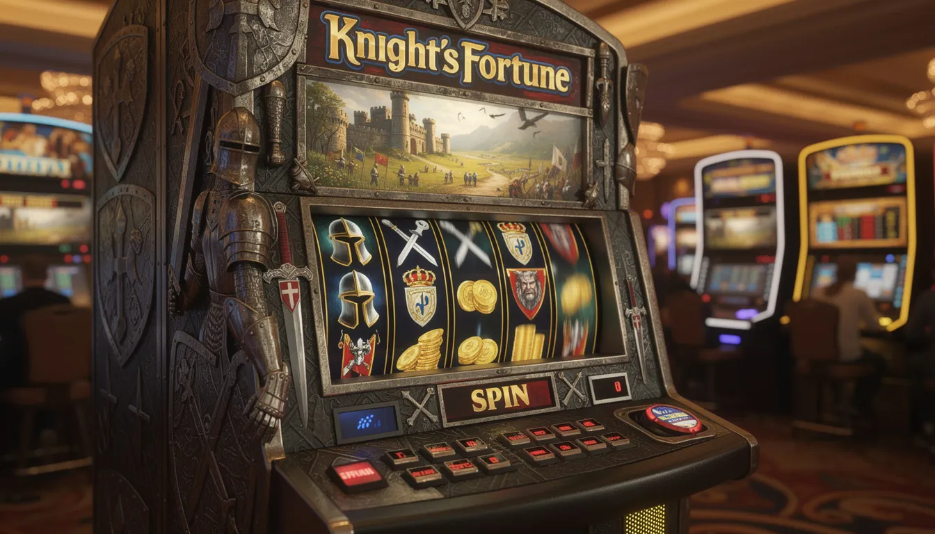 En medeltida riddartema slotmaskin med färgglada symboler som snurrar. Denna bild fångar den spännande atmosfären av knightslots casino, där spelare kan njuta av många populära spel och jackpottar.