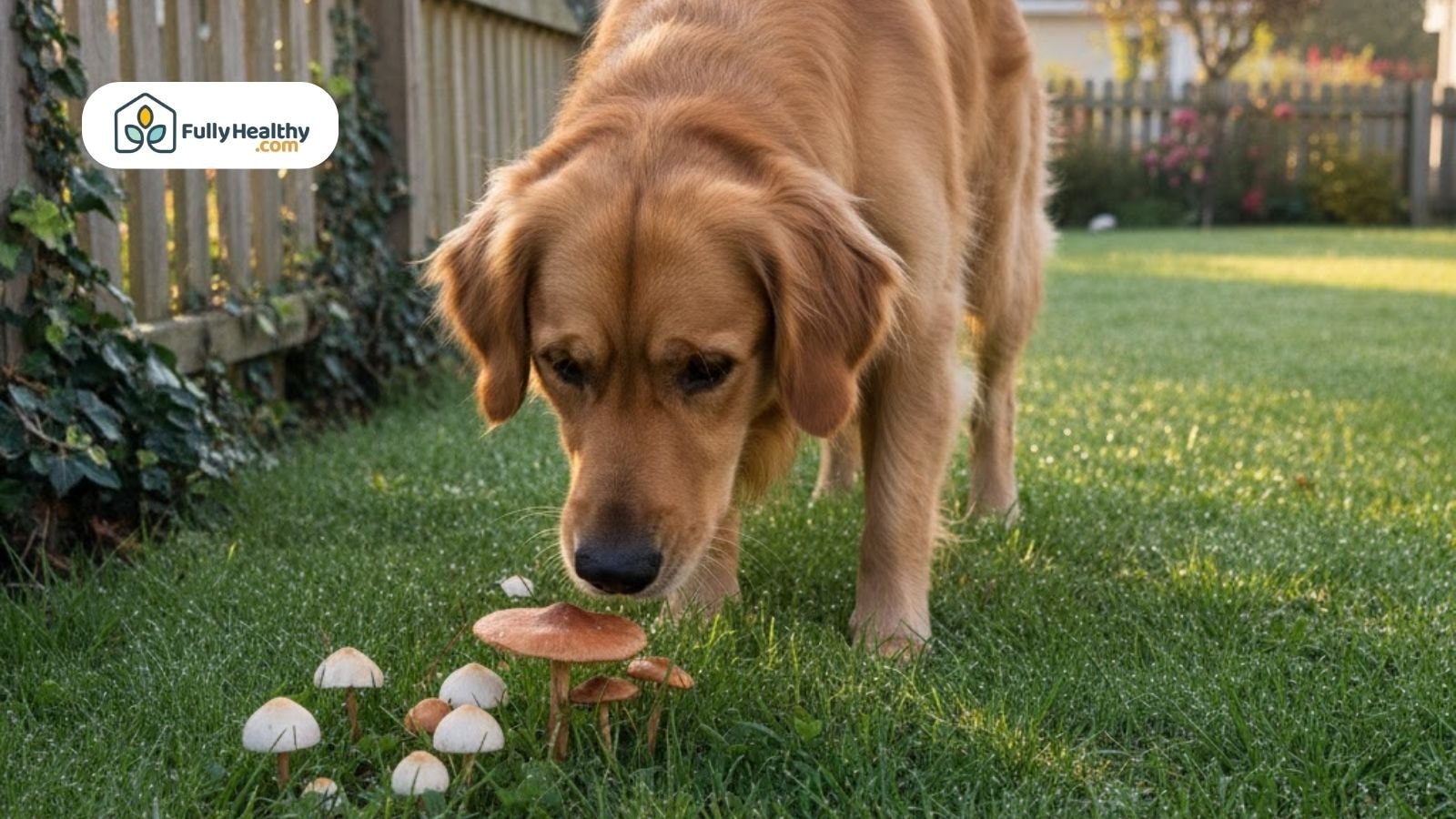 Golden retriever sniffing wild mushrooms growing in backyard grass