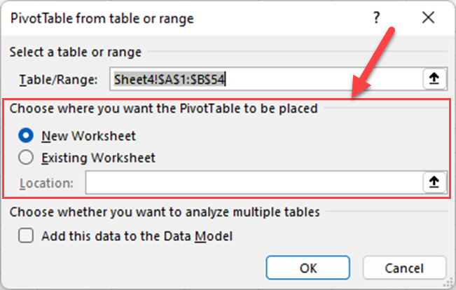 Choose the location to insert the Pivot Table