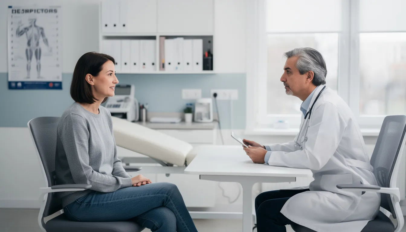 A patient is engaged in a discussion with their doctor during an annual wellness visit in a medical office, focusing on preventive health screenings and assessing risk factors for conditions such as breast cancer and diabetes. The conversation emphasizes the importance of preventive care services and maintaining overall health.