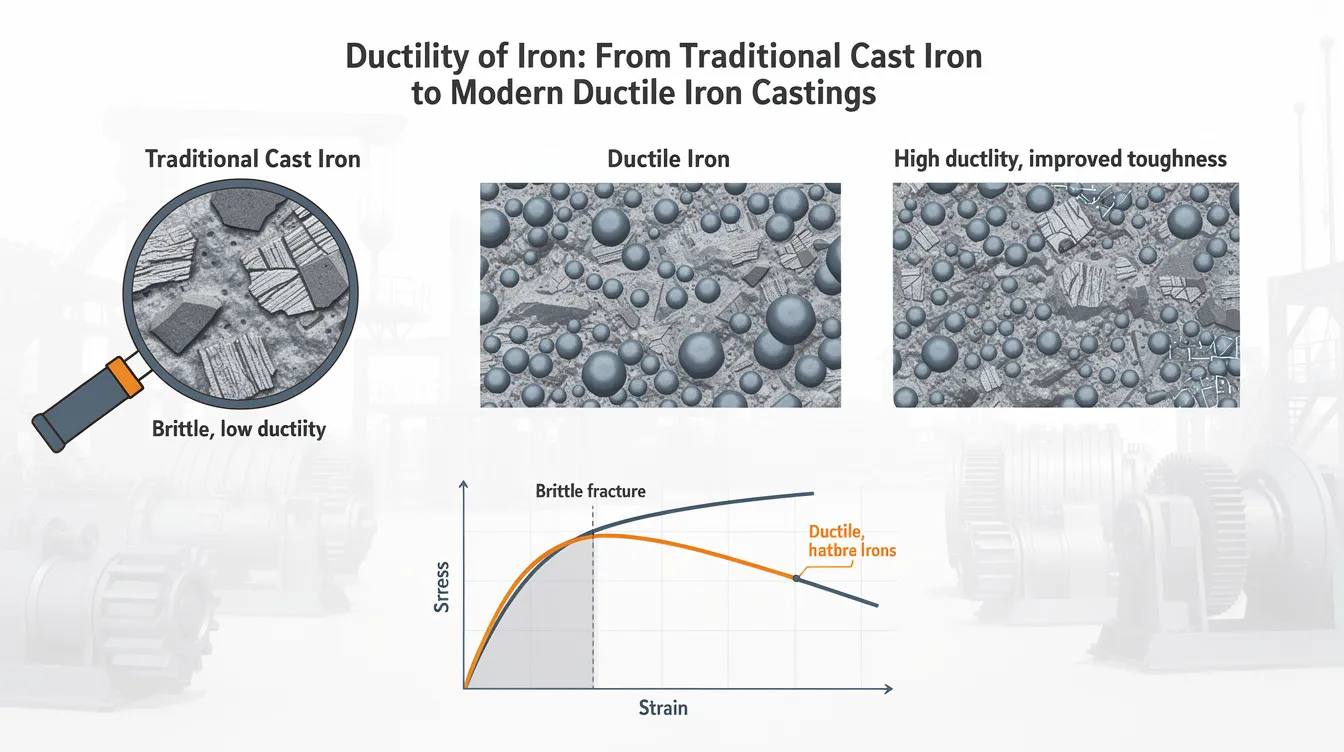 The image illustrates the evolution of iron materials, showcasing traditional cast iron alongside modern ductile iron castings, which feature a unique microstructure with nodular graphite inclusions that enhance ductility and tensile strength. This comparison highlights the improved mechanical properties and wear resistance of ductile iron, making it suitable for various industrial applications such as automotive components and machine frames.