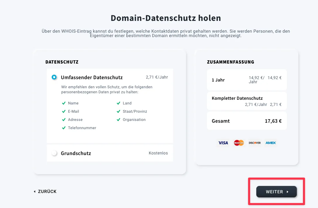 Printscreen Domain-Datenschutz Optionen