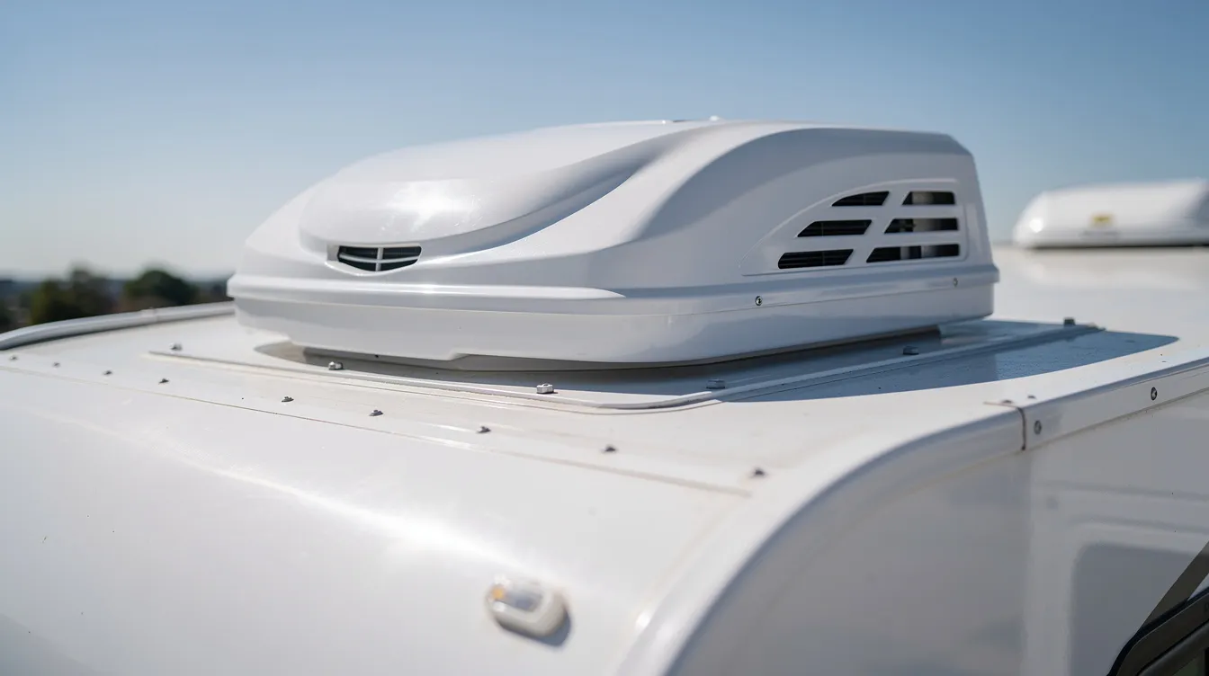 A close-up view of a white rooftop RV air conditioner unit, specifically a Furrion air conditioner, mounted on the roof of a recreational vehicle on a sunny day. The image highlights the AC unit's control box and wiring harness, showcasing its design for proper airflow and cooling efficiency.