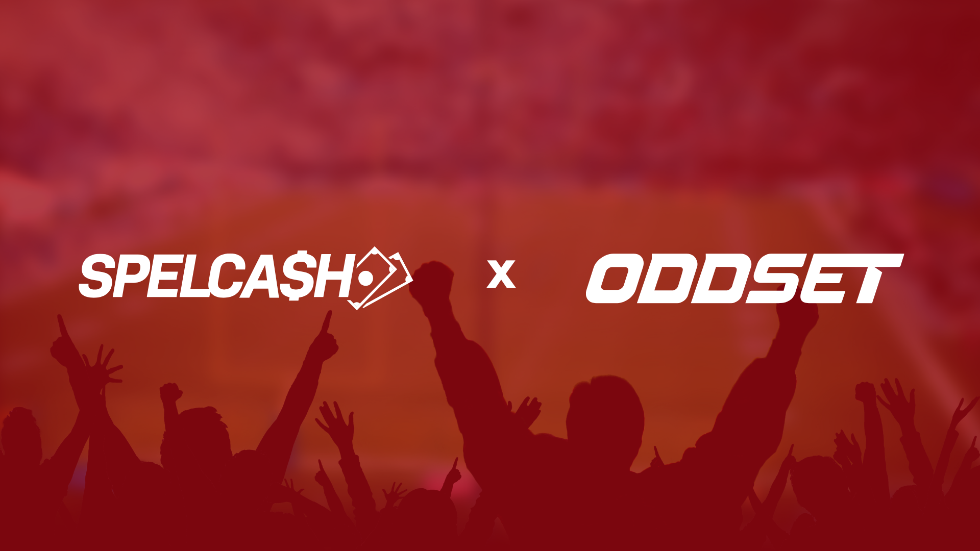 Spelcash x Oddset samarbete med fotbollsfans i bakgrunden där Spelcash erbjuder speltips, andelsspel och guider för Oddset från Svenska Spel Sport & Casino, 18 år gäller.