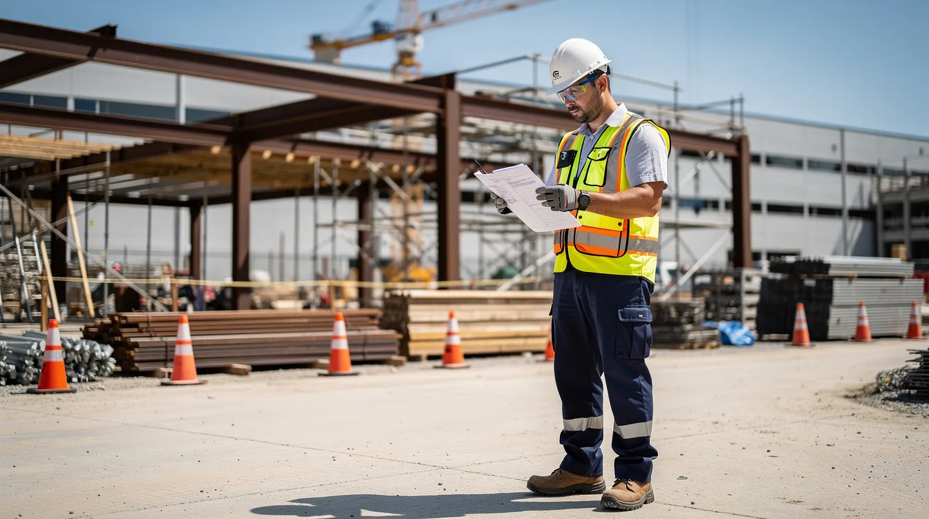 A worker in safety gear is attentively reviewing paperwork at a job site, ensuring compliance with safety regulations and documenting any workplace injuries that may relate to their workers compensation claim. This scene highlights the importance of maintaining accurate records for injured employees seeking workers compensation benefits under Colorado workers compensation law.