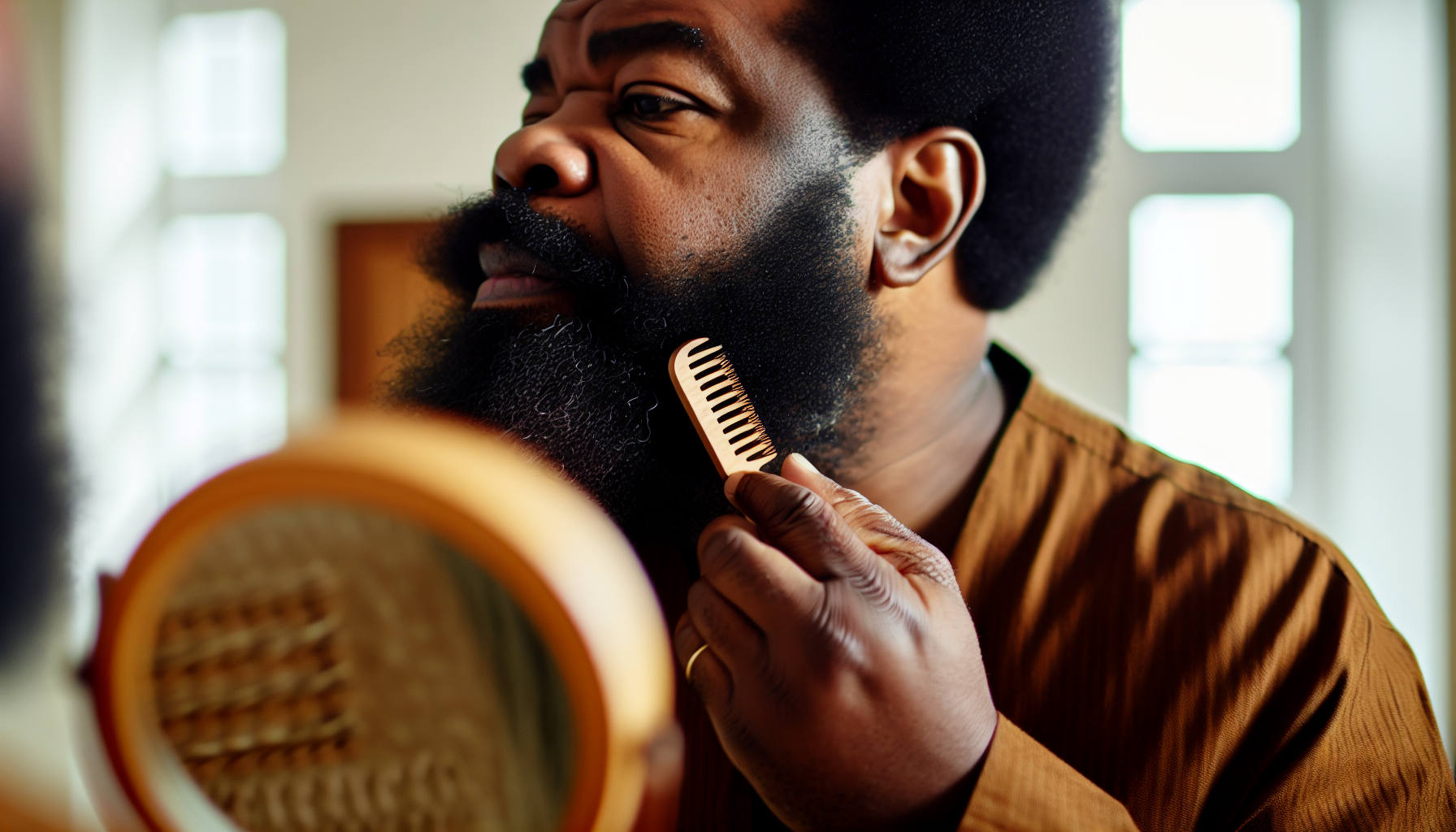 Black man using a beard brush and comb
