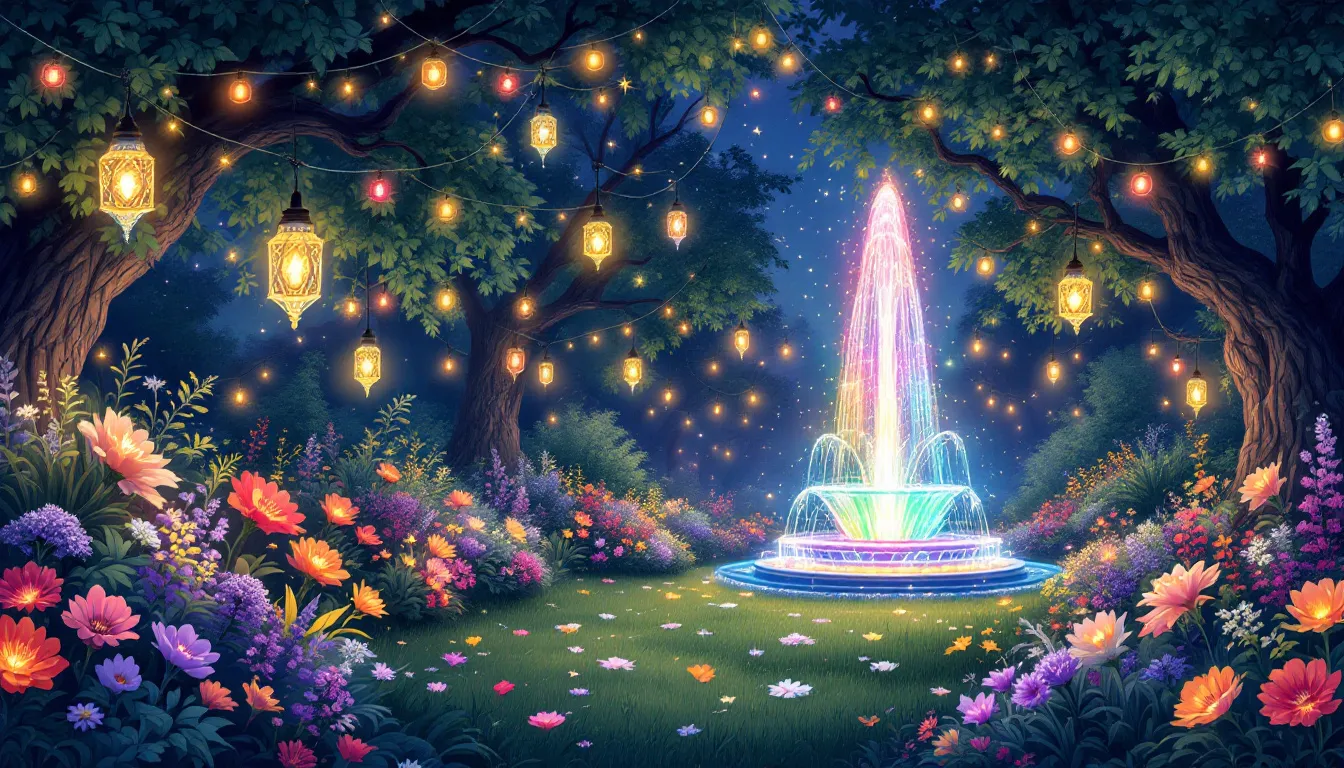 Dekoracje świetlne, które rozświetlają ogród w nocy.