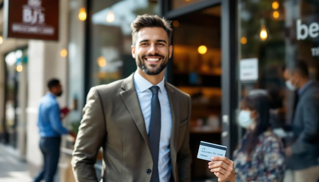 A confident small business owner stands proudly, holding a BJ's business credit card, symbolizing their success and membership in BJ's Wholesale Club. The image conveys a sense of achievement, highlighting the benefits of earning rewards and access to exclusive offers for BJ's purchases.