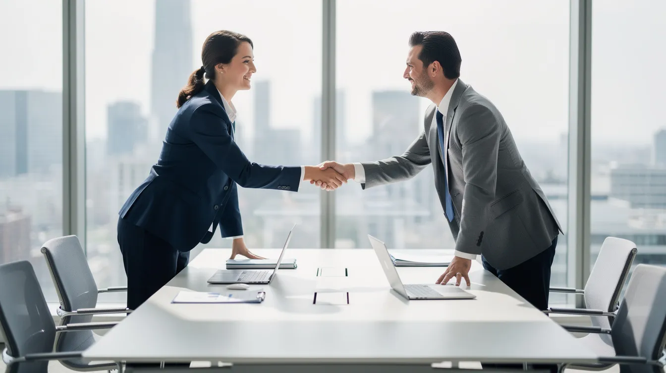 The image depicts a person shaking hands with a business partner across a sleek desk in a modern office setting, symbolizing a successful business agreement. This scene may represent discussions related to visa application processes, such as securing a Spain work permit or negotiating job offers for foreign employees.