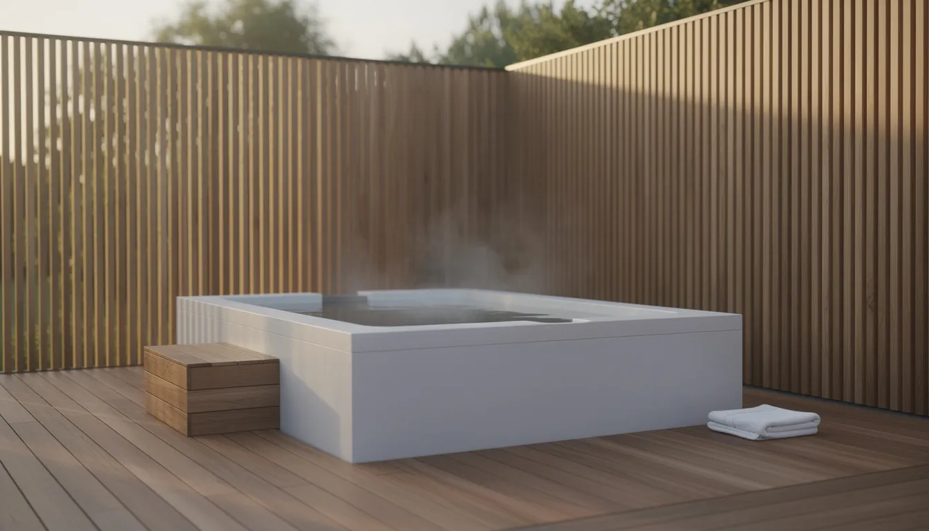 The image features a modern cold plunge tub situated on an outdoor patio with wooden decking and privacy screening, creating a serene environment perfect for relaxation and wellness. This dedicated space enhances the wellness journey by promoting stress relief and muscle recovery in today's fast-paced world.