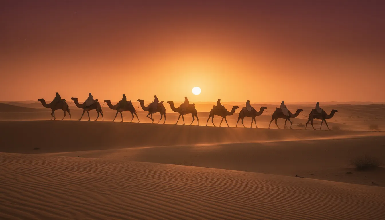 A camel caravan is silhouetted against a vibrant orange sunset sky, with golden sand dunes of the Sahara Desert stretching into the distance. This stunning landscape captures the essence of Morocco's desert adventures, inviting travelers to explore its unique local culture and breathtaking scenery.