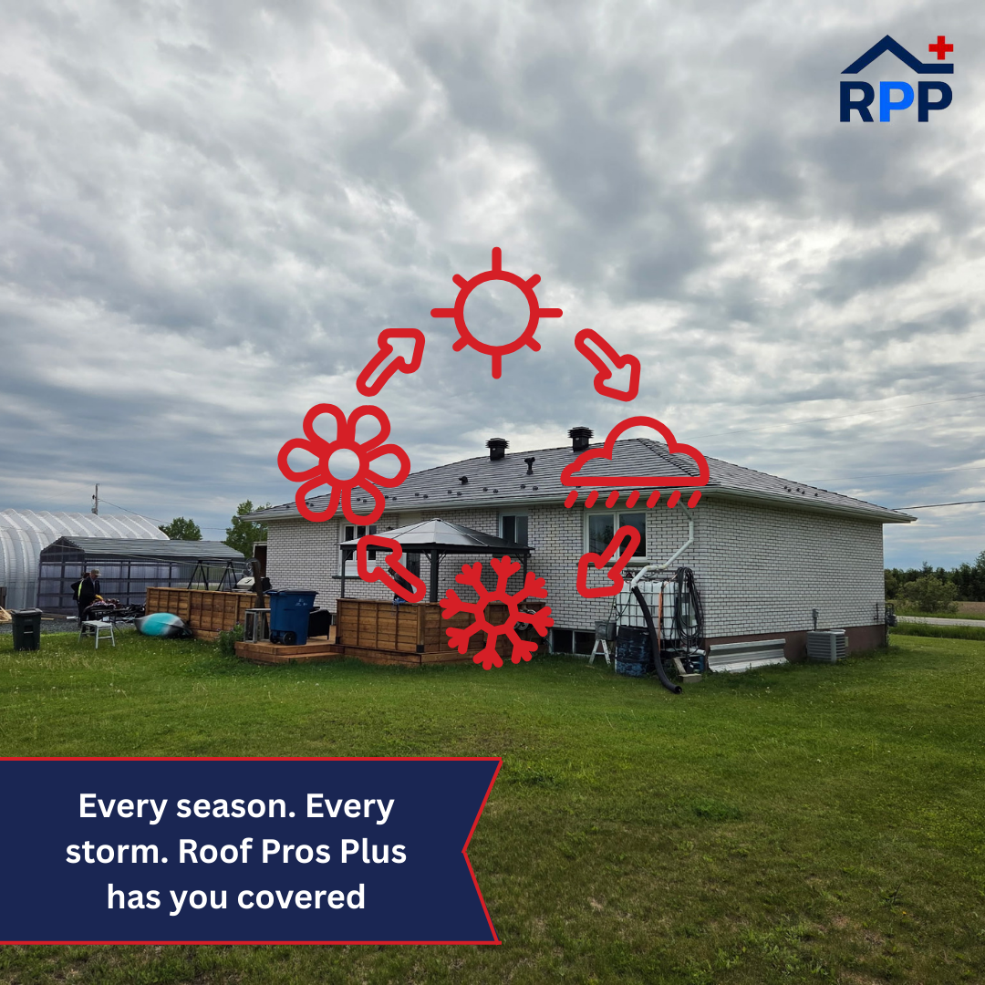 An image of a house with a metal roof, with various graphics and the words "Every season. Every storm. Roof Pros Plus has you covered" underneath it.