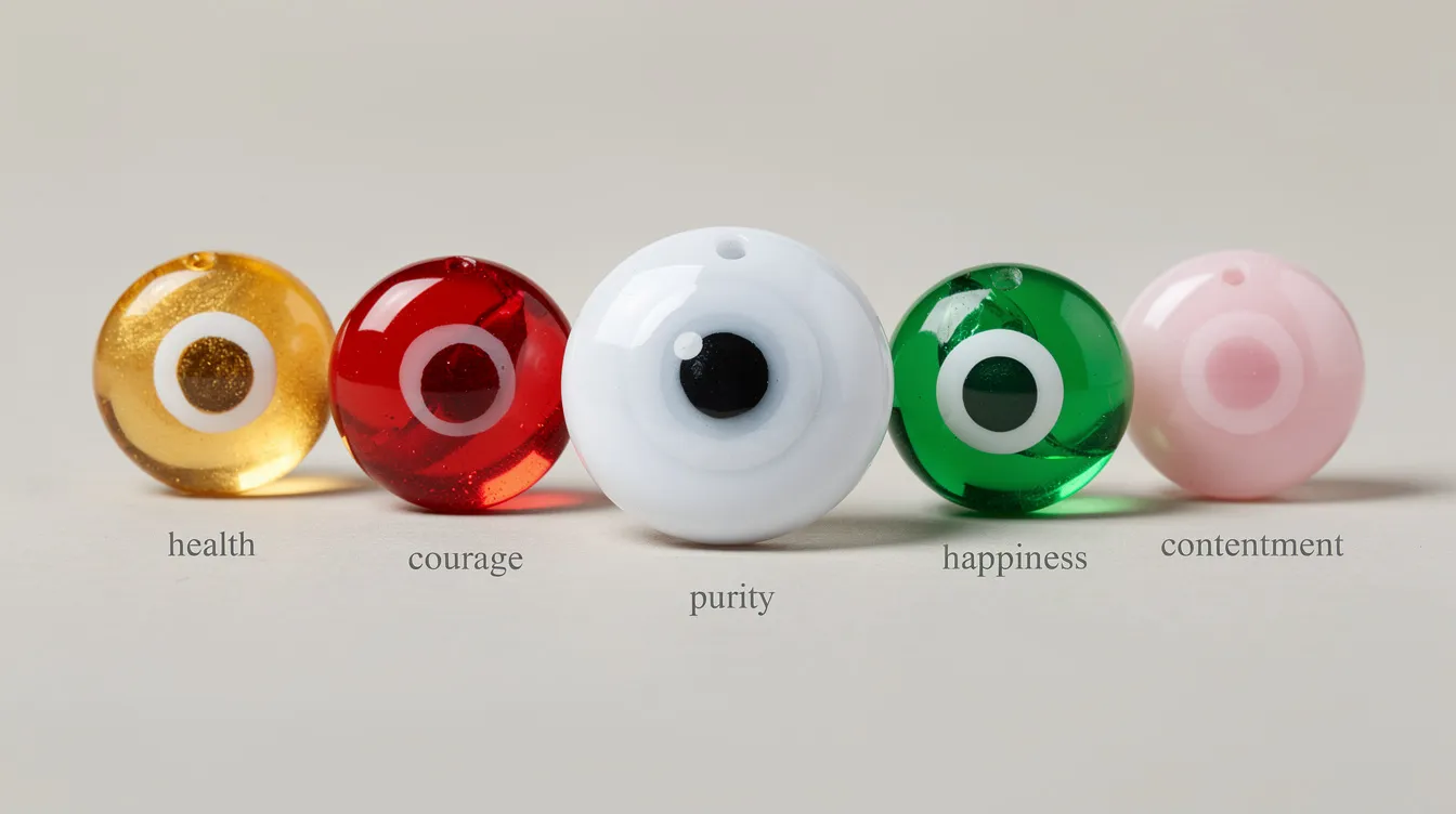 The image showcases a range of colorful evil eye amulets, each representing different meanings: white for purity, yellow/gold for health, red for courage, green for happiness, and pink for contentment. These beautifully crafted evil eye necklaces are designed to protect against negativity and are popular in various cultures.