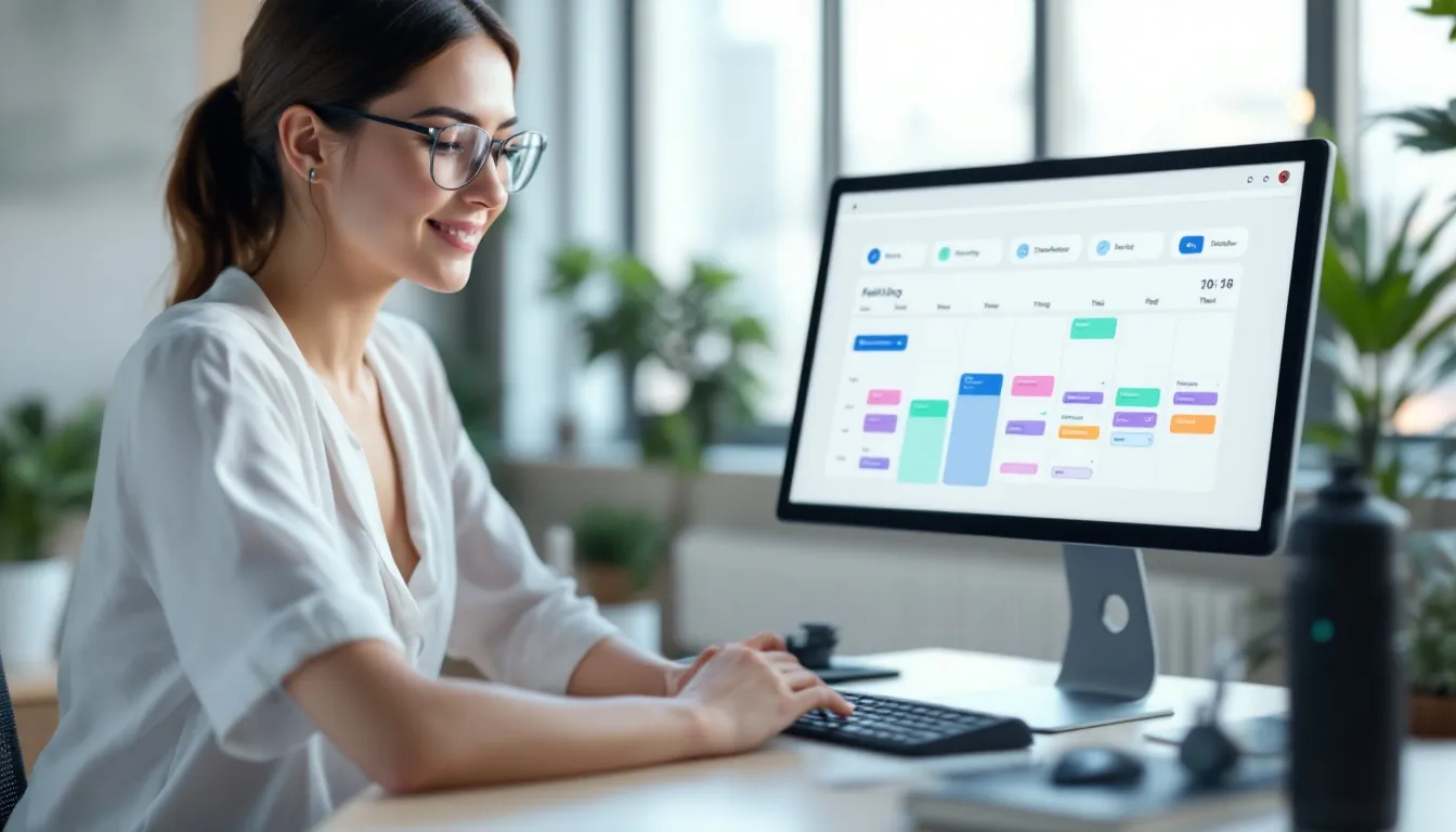 Eine Mitarbeiterin nutzt ein digitales Tool zur Planung der Wochenarbeit in einem rollierenden System, das eine flexible Gestaltung der Arbeitswoche und die Einbeziehung verschiedener Schichtmodelle ermöglicht. Die Abbildung zeigt sie beim Organisieren der Arbeitszeit und der Betriebszeit für die Gruppe der Mitarbeiterinnen und Mitarbeiter.