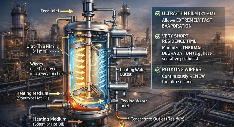 Thin-film evaporators create a <1 mm liquid film, enabling rapid evaporation and minimal thermal degradation.
