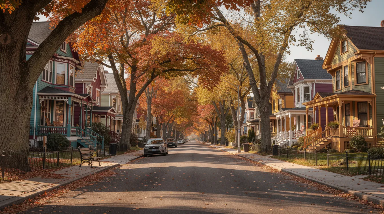 A picturesque tree-lined residential street in New Haven, Connecticut, features vibrant Victorian homes with inviting front porches, while mature trees form a colorful canopy overhead during autumn. This charming scene reflects the community's appeal for young families and residents looking to enjoy the cultural richness of the area.