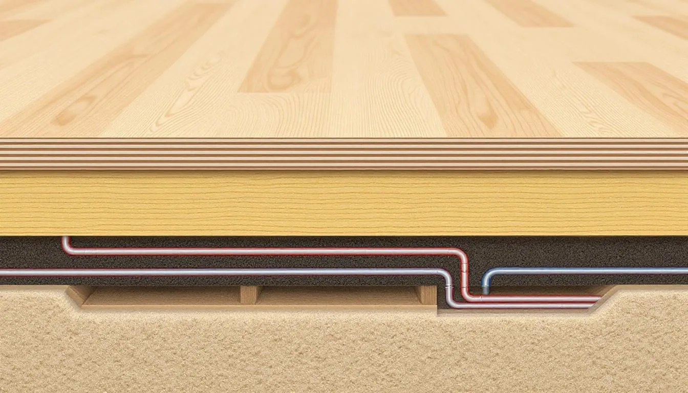 Na obrazie przedstawiony jest przekrój podłogi drewnianej z systemem ogrzewania podłogowego. Widać warstwy, które pokazują, jak podłoga na ogrzewanie podłogowe efektywnie przewodzi ciepło, zapewniając komfort cieplny w pomieszczeniu.