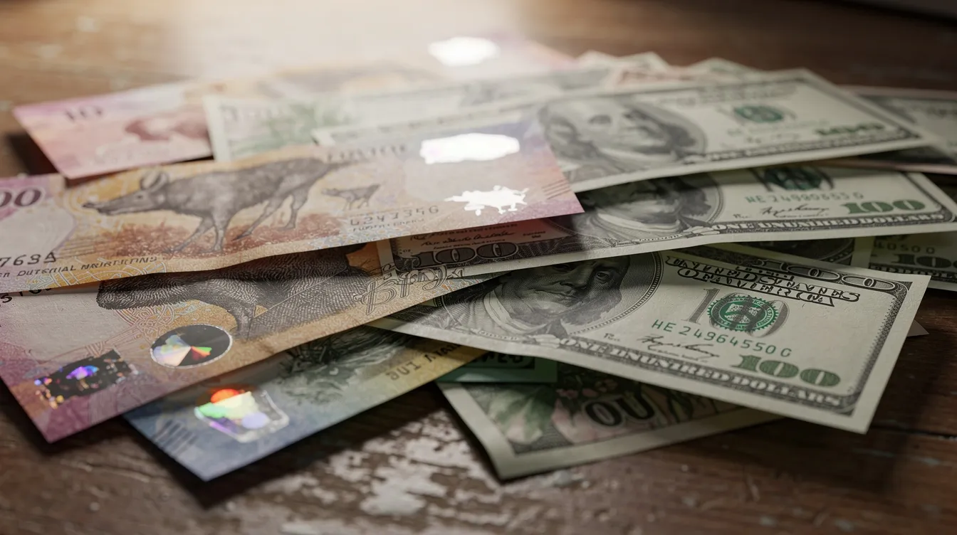 The image shows a close-up of stacked Australian and American currency notes resting on a wooden desk, highlighting the contrast between the two currencies. This visual could be relevant for discussions about hard money loans and financing options for real estate investors.