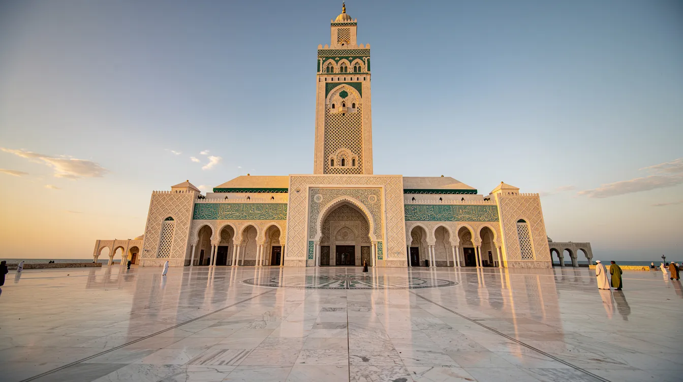 A imagem mostra a imponente mesquita de Casablanca, no Marrocos, com sua arquitetura característica do mundo islâmico, destacando-se no centro da cidade. A construção é cercada por calçadas e apresenta detalhes ornamentais que refletem a rica história da região.