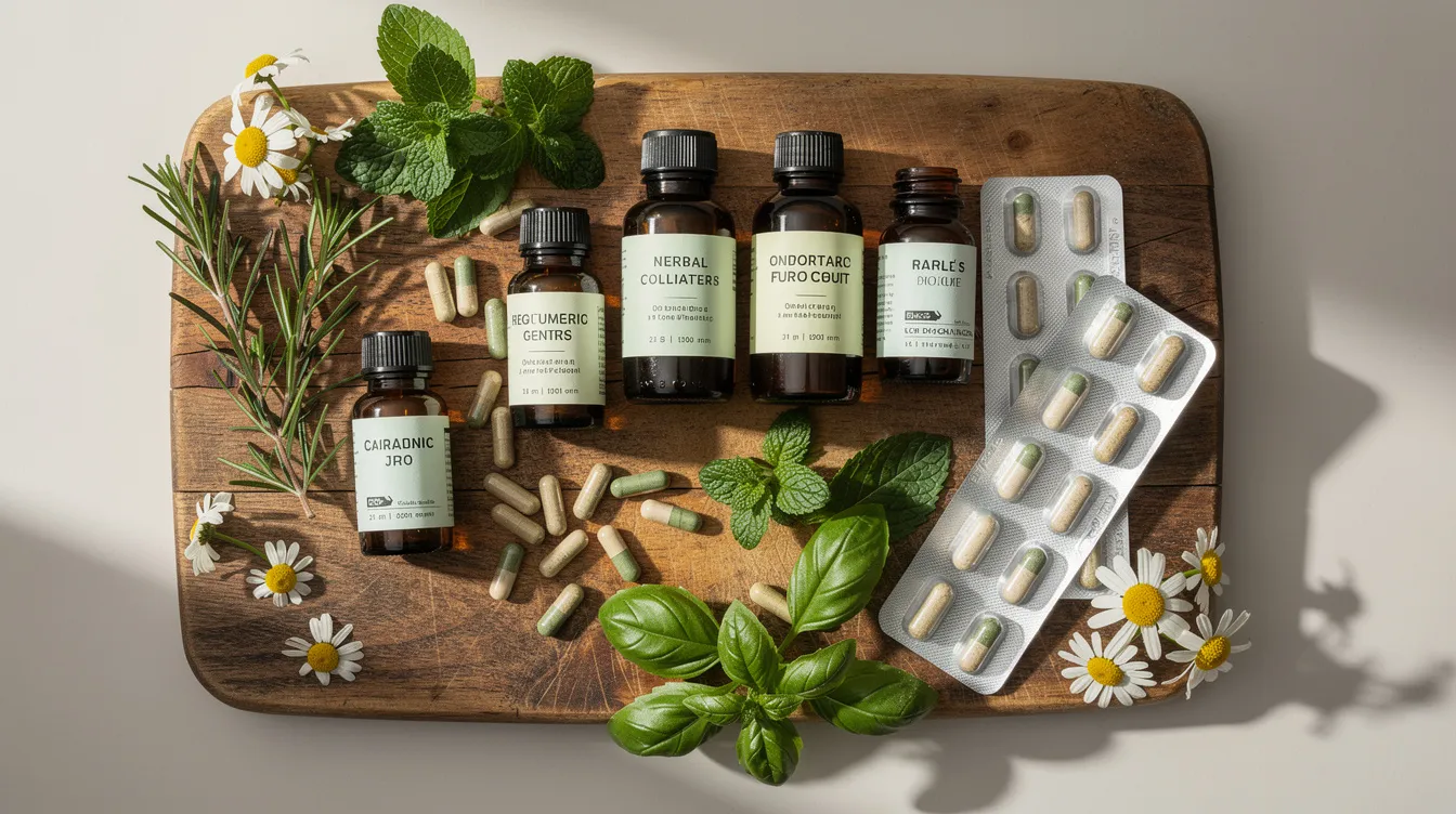 The image features an assortment of herbal supplements and natural capsules displayed on a wooden cutting board, accompanied by fresh herbs, highlighting options for testosterone boosting supplements that may support muscle growth and overall wellness. The arrangement suggests a focus on natural health solutions for managing low testosterone levels and enhancing energy.