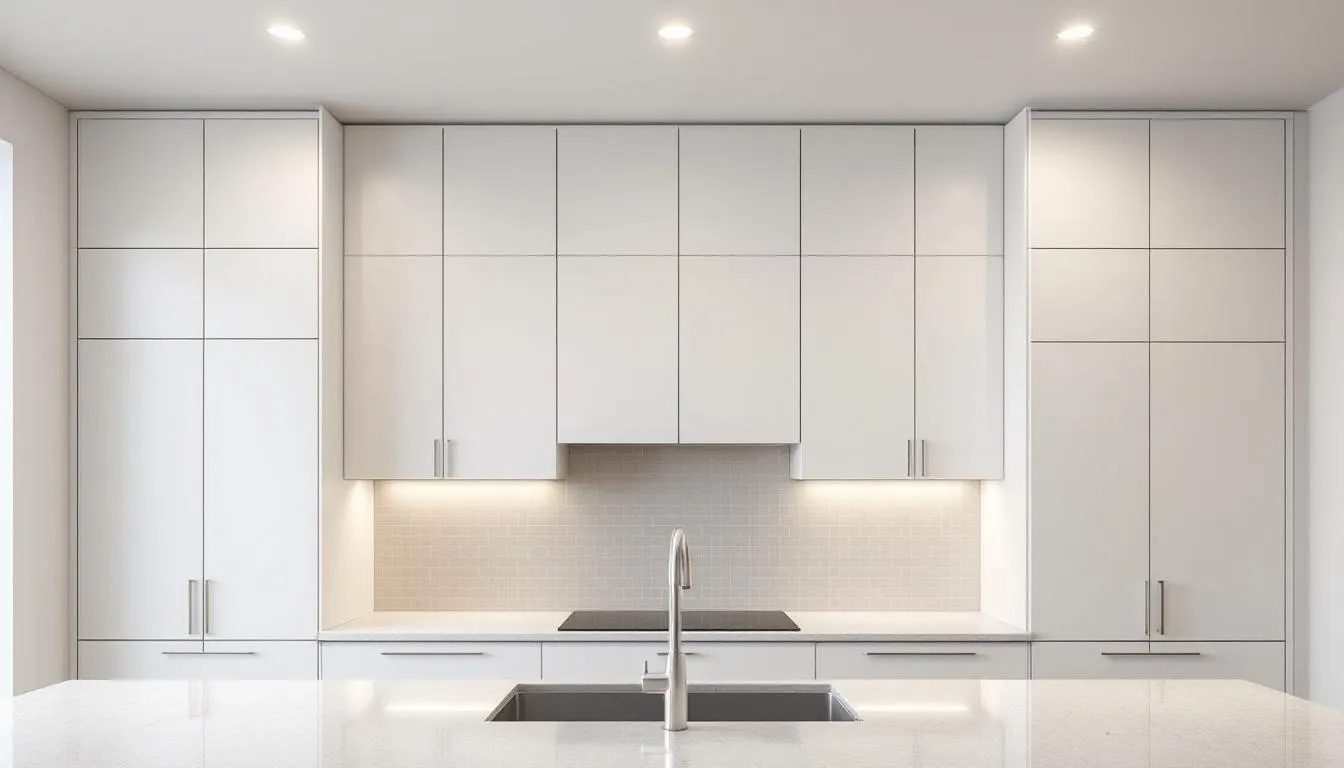 a bright kitchen features tall cabinets that reach the ceiling, offering ample storage space. The countertops are clean, and the area is well-organized, highlighting the importance of thorough cleaning and maintenance to remove accumulated dust and maintain good air quality.
