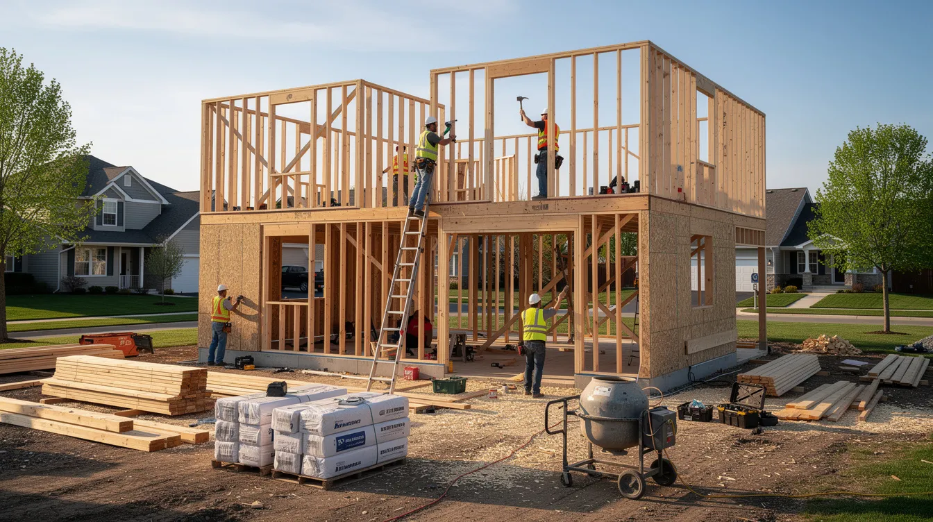 A group of construction workers is framing a residential house on a suburban lot, with various building materials such as lumber and plywood stacked nearby. This scene highlights the ongoing real estate projects that attract real estate investors and hard money lenders looking to finance new construction and investment properties.