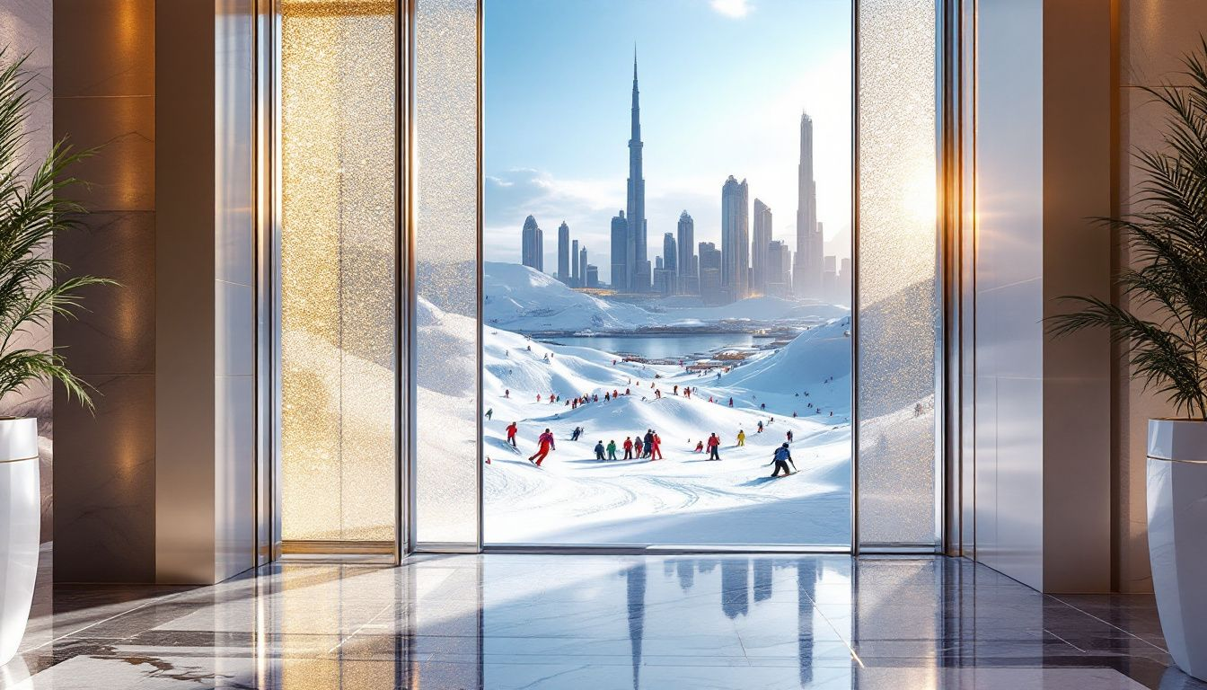 An indoor skiing scene at Ski Dubai, showing snow activities.