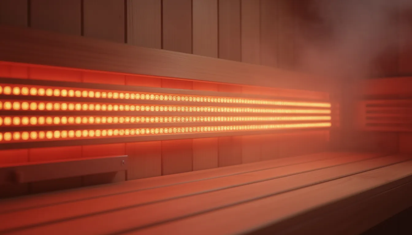 A close-up view of glowing red and amber LED light panels illuminates the warm wooden interior of an infrared sauna, highlighting the therapeutic benefits of red light therapy and infrared sauna sessions for skin health and relaxation. The soft light creates an inviting atmosphere, emphasizing the sauna's role in promoting blood flow and reducing inflammation.