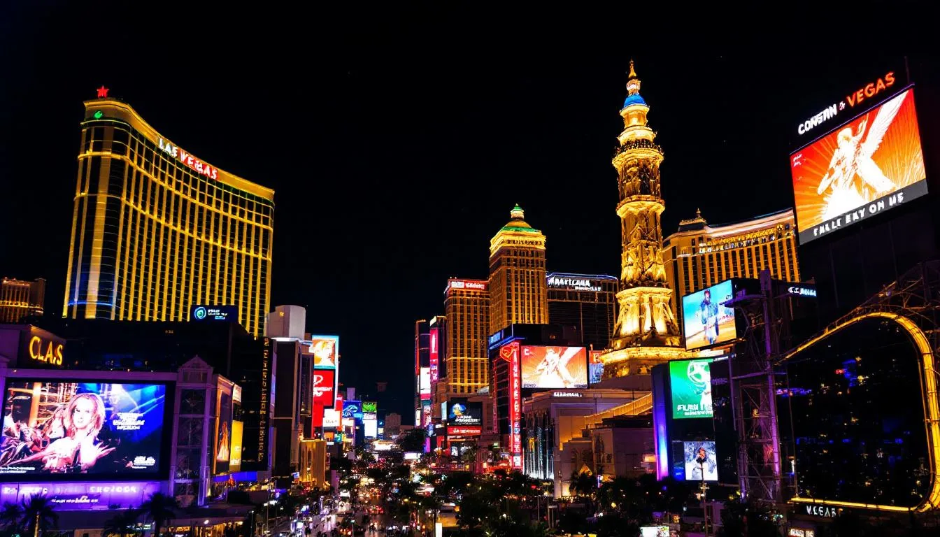 The image captures the vibrant Las Vegas Strip skyline at night, illuminated by the dazzling lights of entertainment venues and convention facilities, including the iconic Mandalay Bay Convention Center. This scene reflects Las Vegas as the premier destination for trade shows and conventions, showcasing world-class entertainment and networking opportunities for industry professionals.