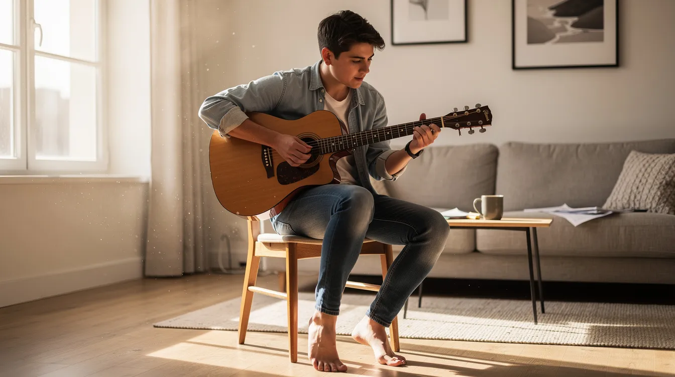 Eine Person sitzt auf einem Stuhl in einem hellen Wohnzimmer und hält eine akustische Gitarre in den Händen, während ihre Finger auf dem Griffbrett die verschiedenen Gitarrengriffe üben. Diese Szene vermittelt die Freude am Gitarre spielen lernen und könnte als Inspiration für Anfänger dienen, die an einem Onlinekurs oder Gitarrenunterricht interessiert sind.