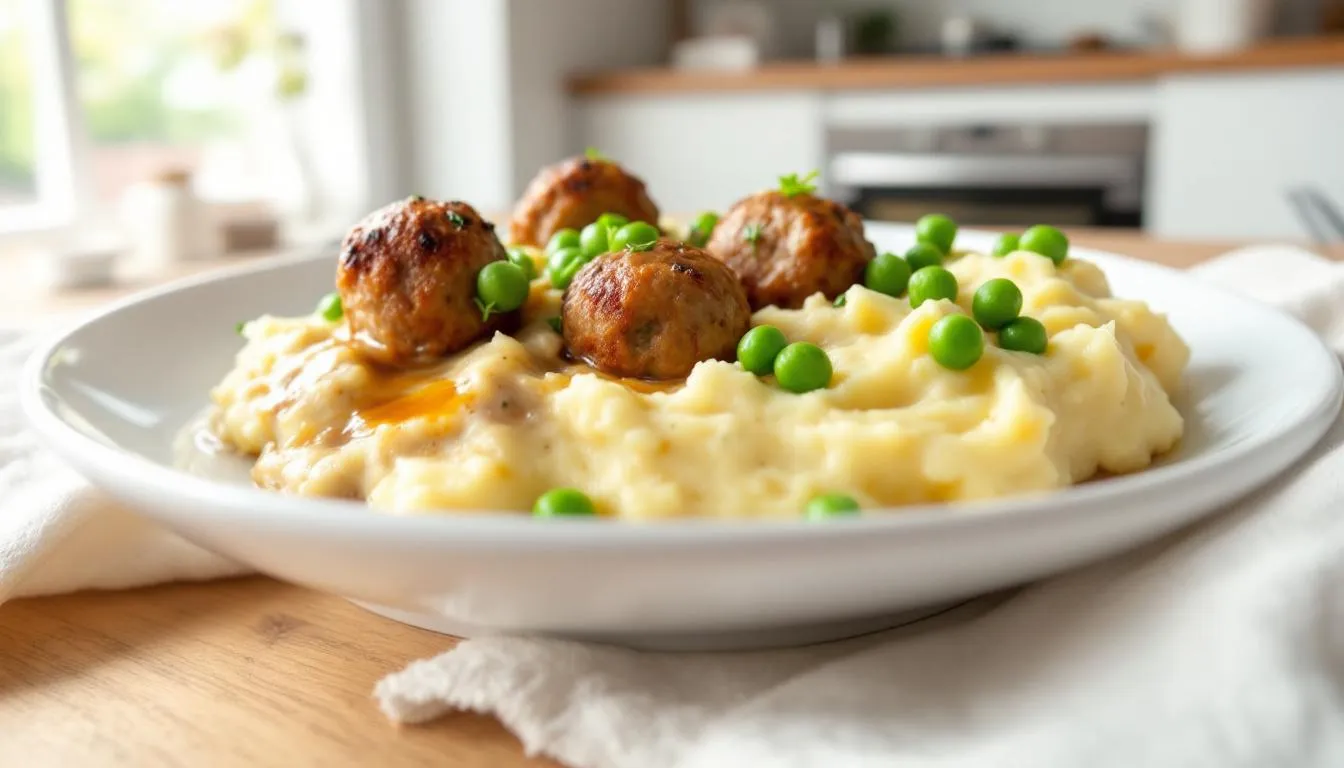 En tallrik med välsmakande wallenbergare serverad tillsammans med mjölig potatismos, kryddat med lite vitpeppar och muskot, samt en portion gröna ärtor. Rätten är en klassisk svensk måltid som kombinerar mjukhet och smak i varje tugga.