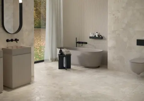 Crew Bitter Porcelain tiles in 60x60cm large format tiles by Imola tiles. Whether you need guidance on extra-large tiles for a living area, advice on the best light grey bathroom tiles, or suggestions for coordinating kitchen tiles, at EMC Tiles, we are here to help.
